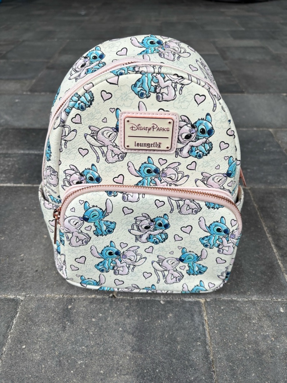 Loungefly Mini Backpack in Blue, Pink, Cream — Disney Stitch Pattern